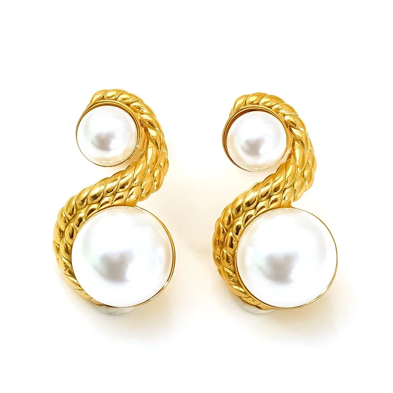 Sculptural Gold-Tone Pearl-Effect S-Curve Stud Earrings