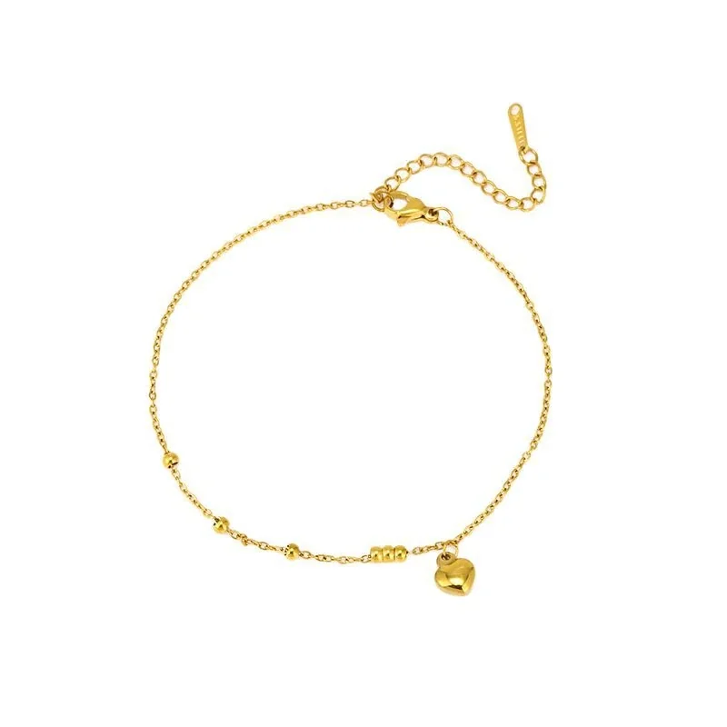 Heart Charm Bead Chain Anklet in Gold-Plated Stainless Steel