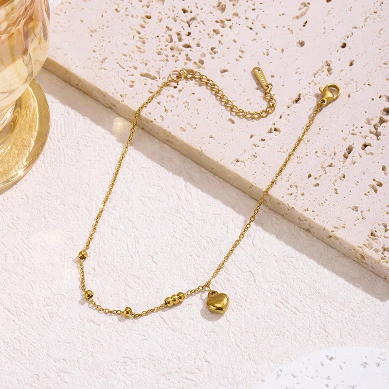 Heart Charm Bead Chain Anklet in Gold-Plated Stainless Steel