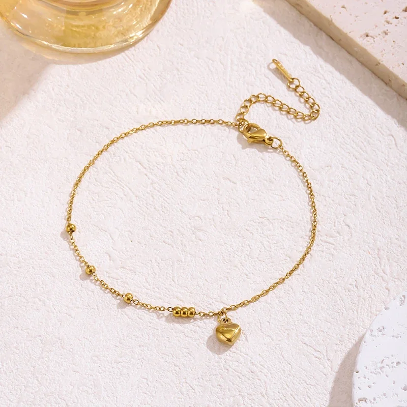 Heart Charm Bead Chain Anklet in Gold-Plated Stainless Steel