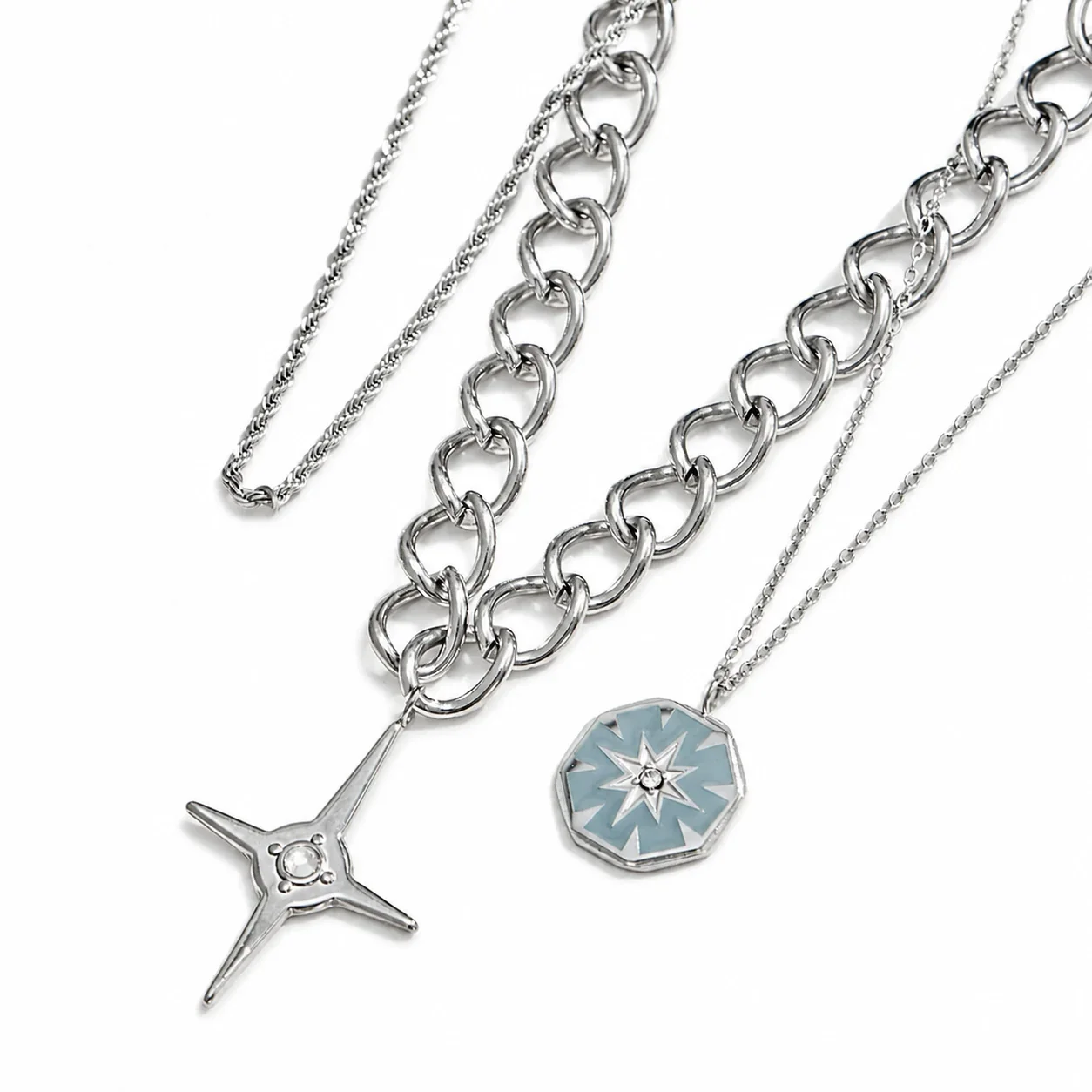 Layered Silver-Plated 316L Stainless Steel Starburst Curb PVD Chain Necklace