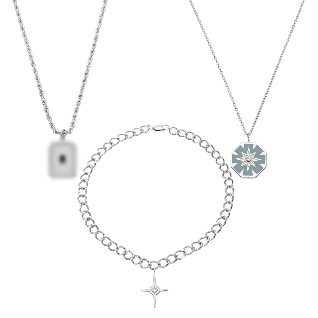 Layered Silver-Plated 316L Starburst Curb Chain Necklace