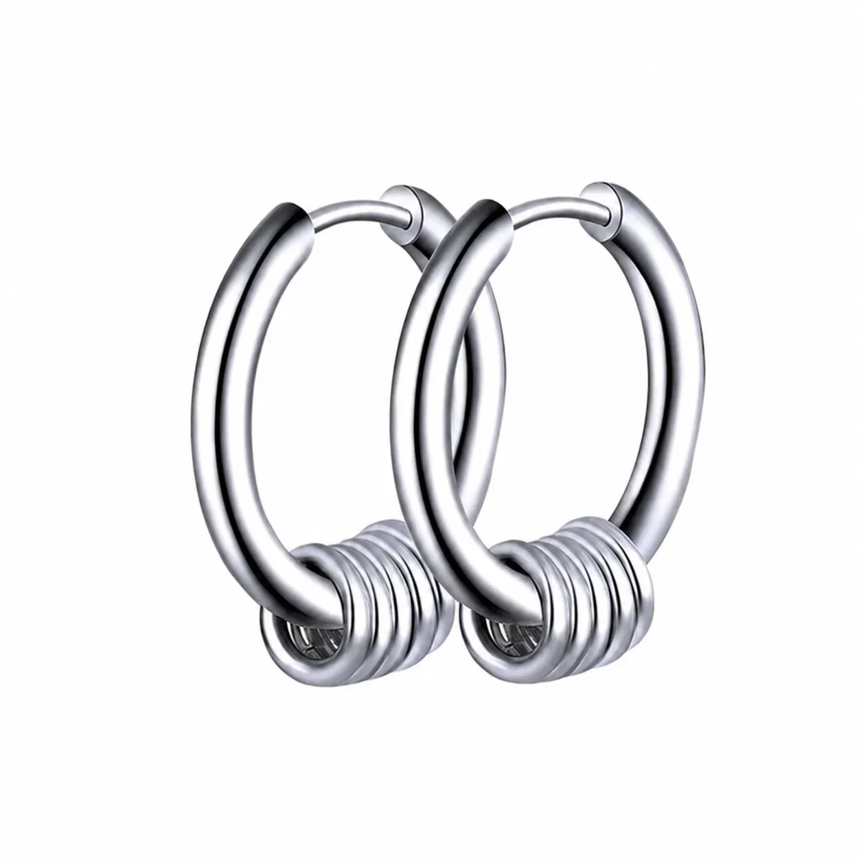 Polished Stainless Steel Hoop with Sliding Rings Earrings