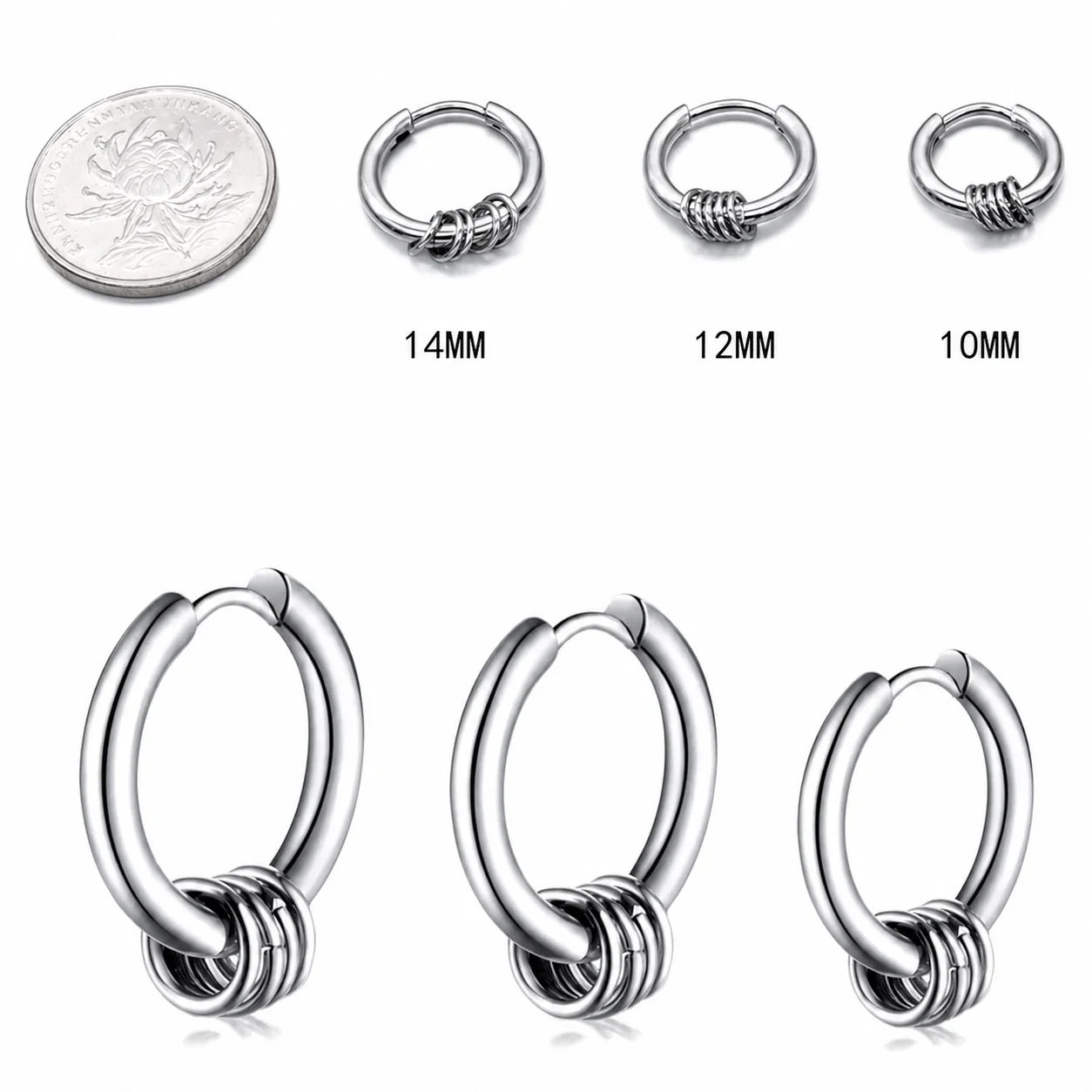 Polished Stainless Steel Hoop with Sliding Rings Earrings