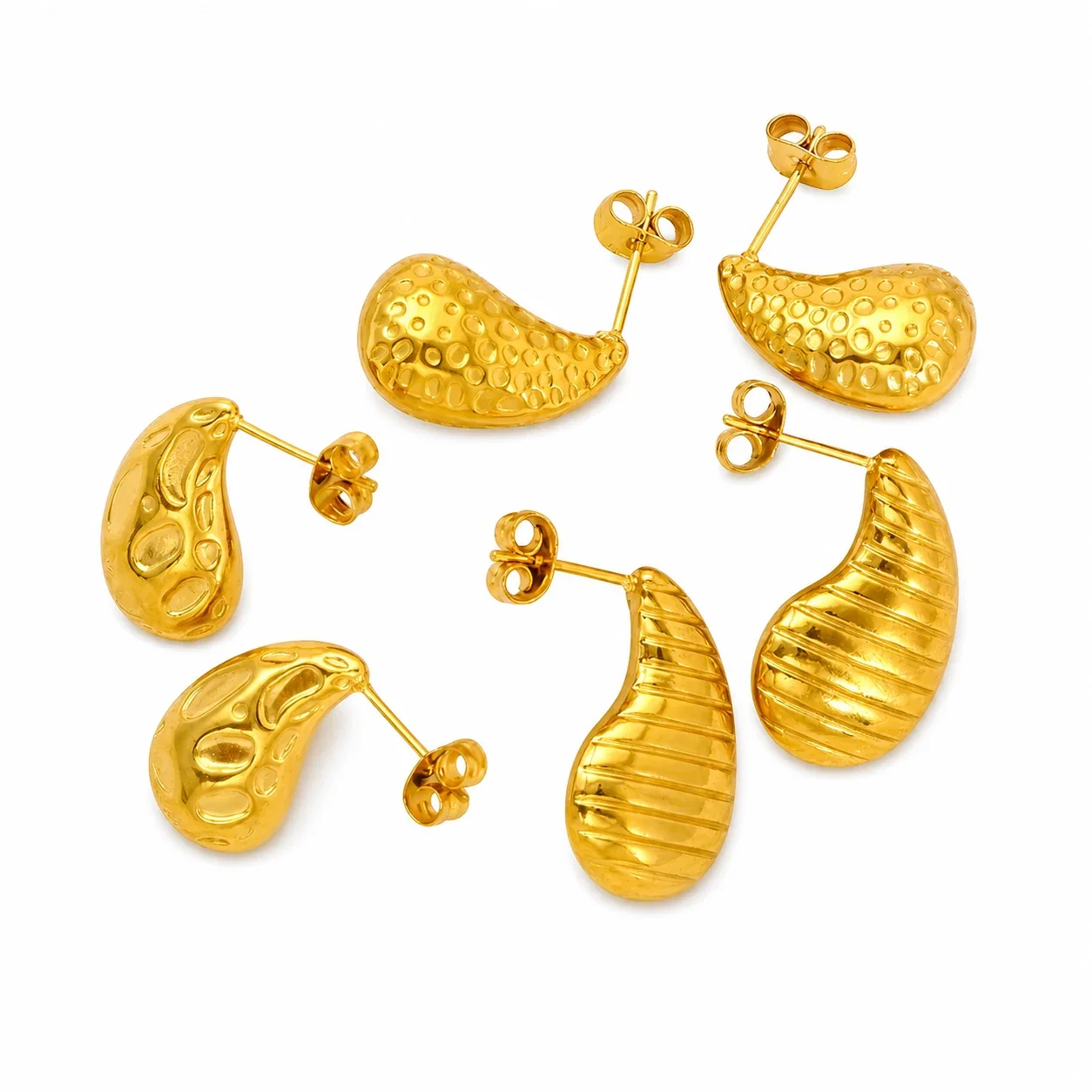 Sculptural 18K Gold-Plated Teardrop Ribbed Stud Earrings