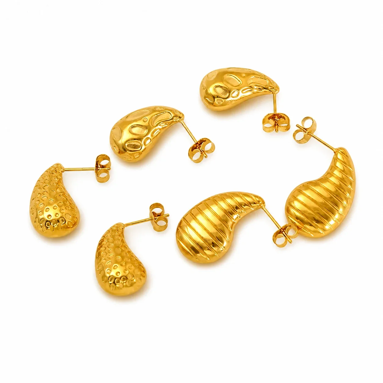 Sculptural 18K Gold-Plated Teardrop Ribbed Stud Earrings