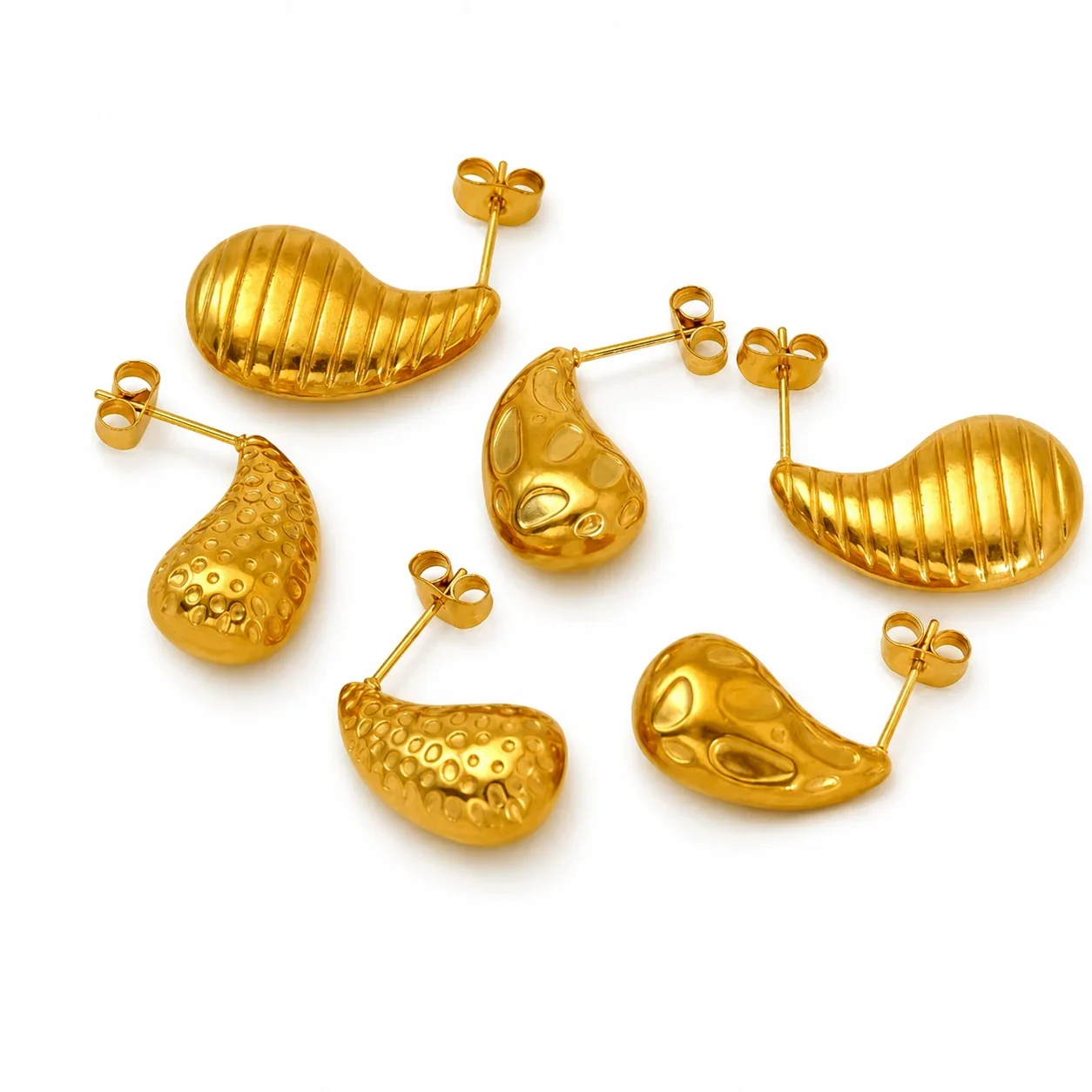 Sculptural 18K Gold-Plated Teardrop Ribbed Stud Earrings