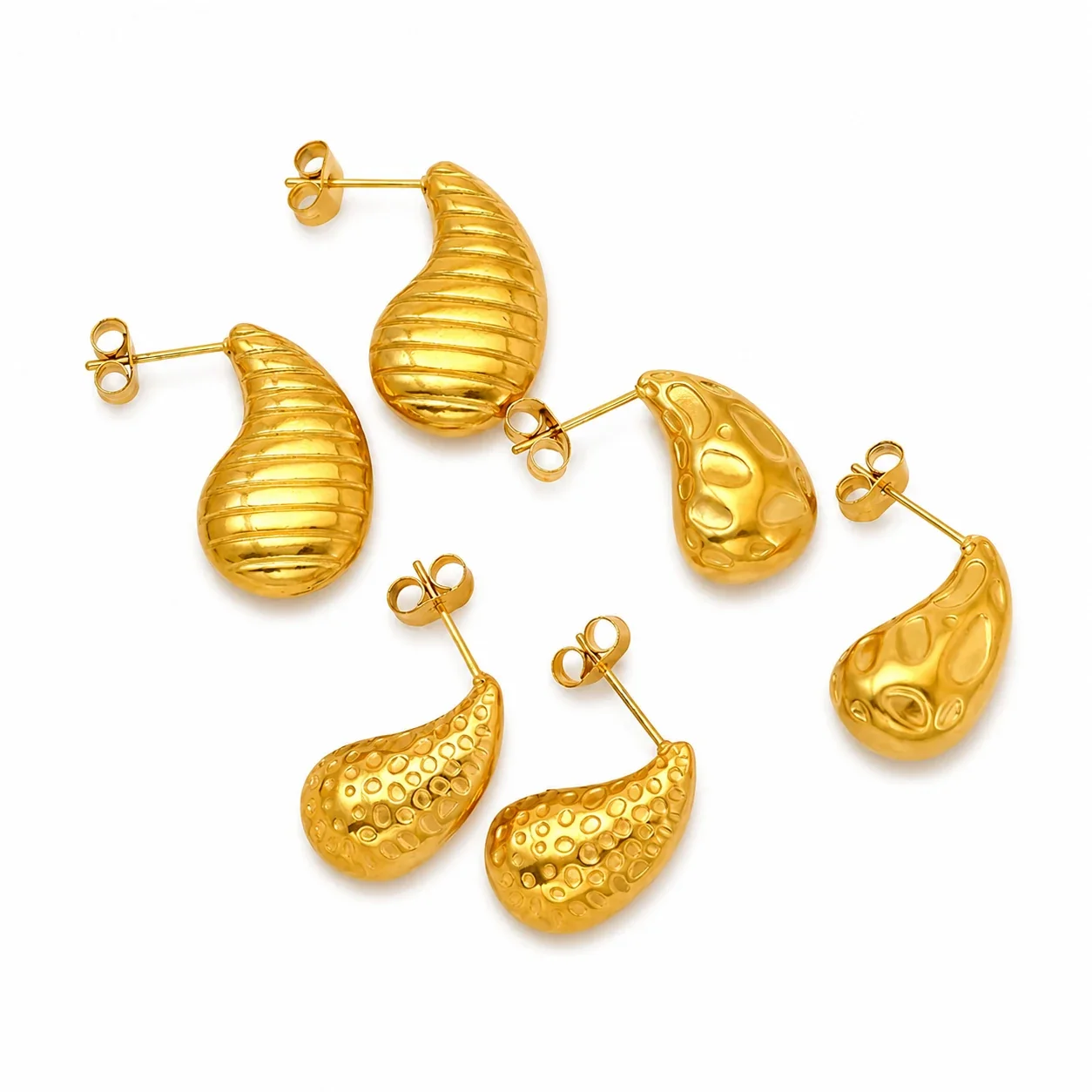 Sculptural 18K Gold-Plated Teardrop Ribbed Stud Earrings