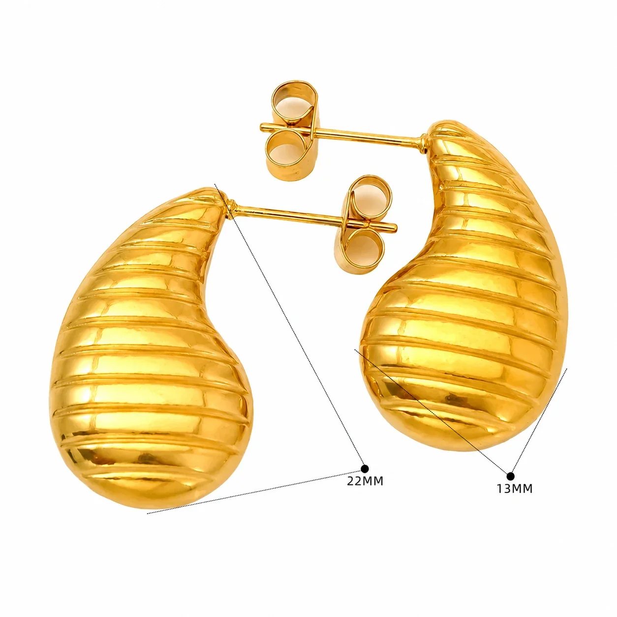 Sculptural 18K Gold-Plated Teardrop Ribbed Stud Earrings - Gold Dotted Teardrop