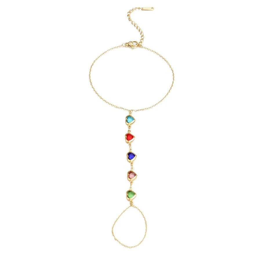 Hand Chain Bracelet with Five Heart CZ Stones, Gold-Plated