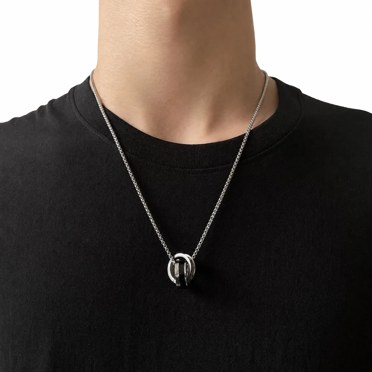 Graphic Silver-Plated Stainless Steel Double Hoop Pendant Necklace