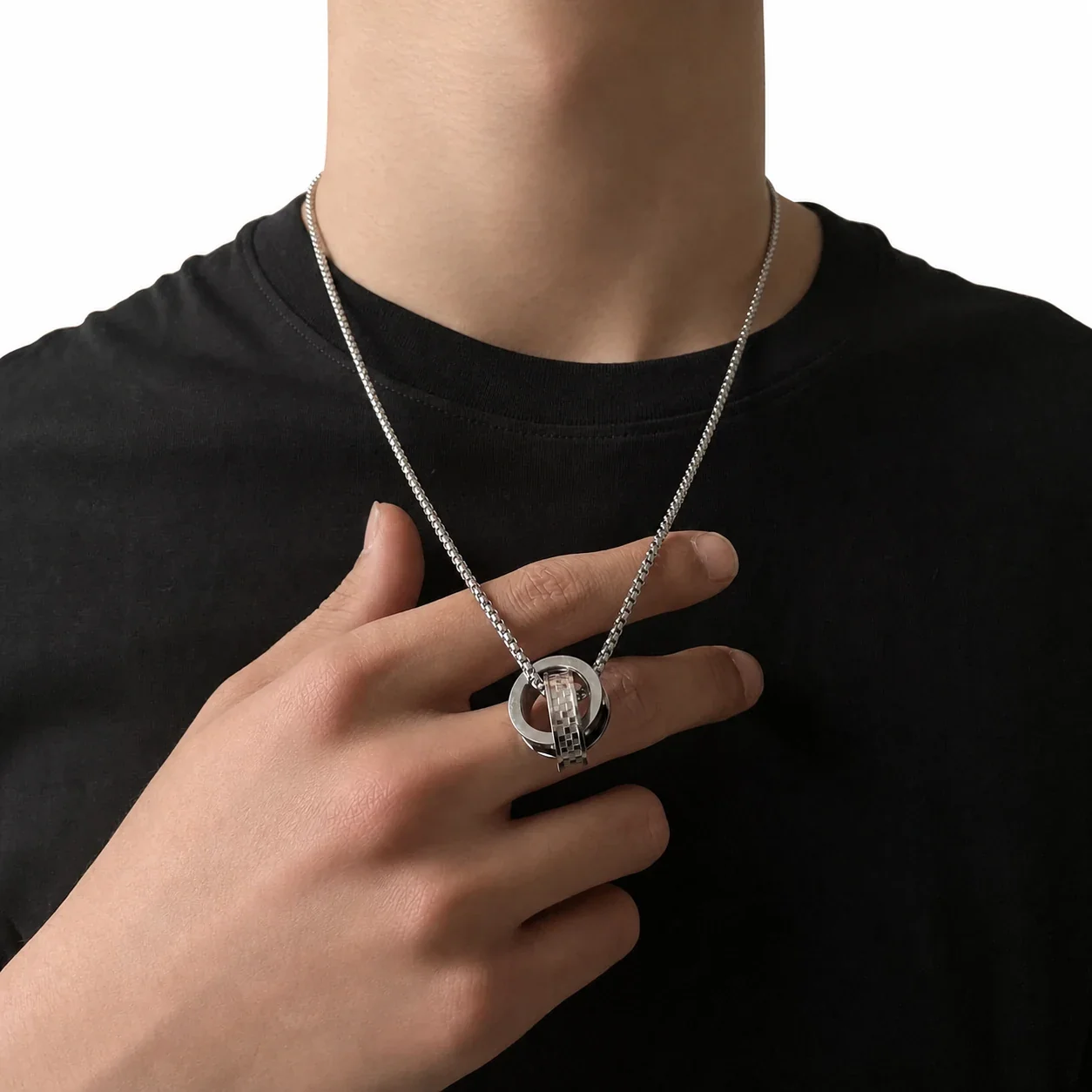 Graphic Silver-Plated Stainless Steel Double Hoop Pendant Necklace