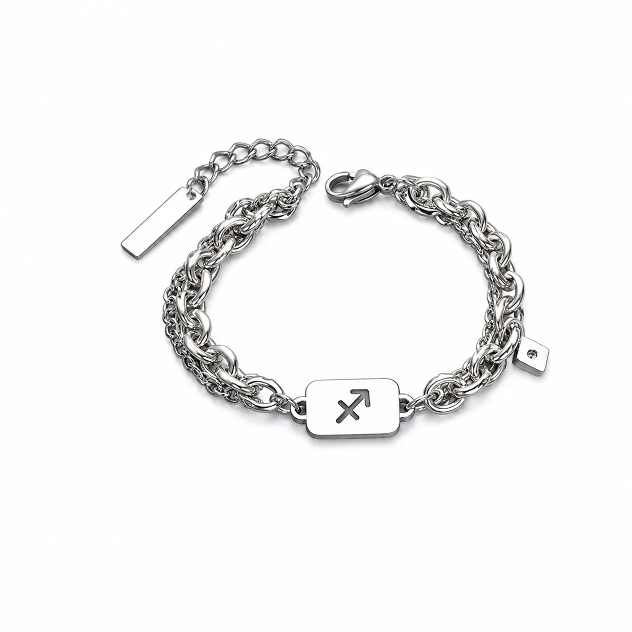 Pulseira de aço inoxidável prateada em elos curb sobrepostos com zodíaco