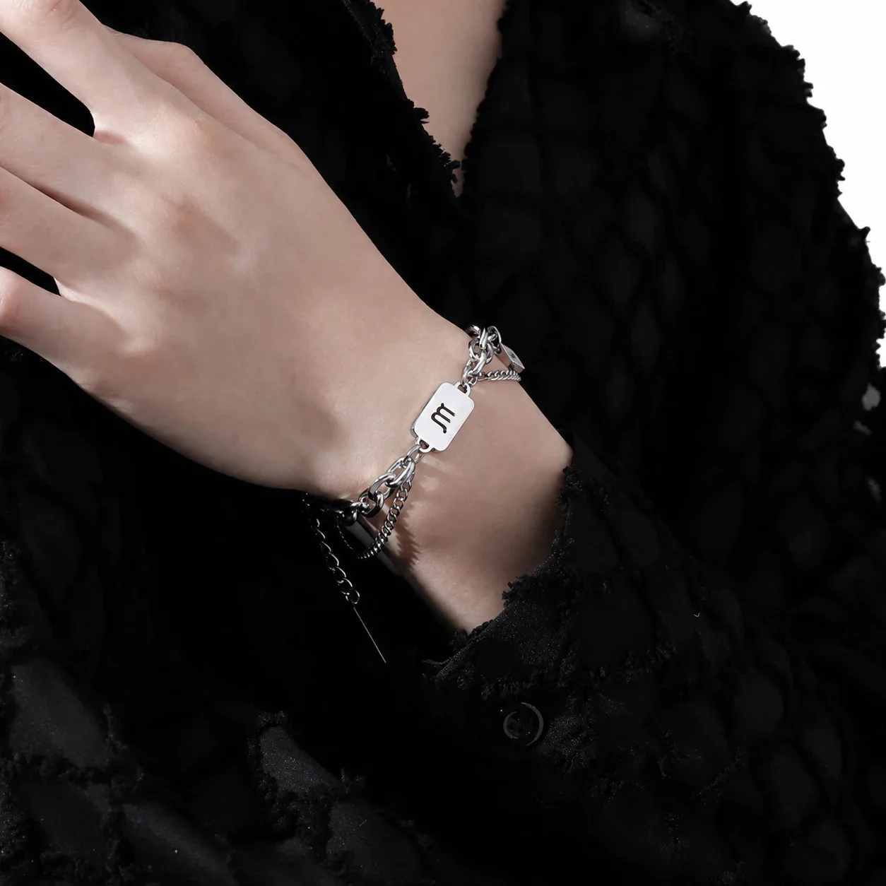 Edgy Stainless Steel Silver-Tone Layered Curb Zodiac Bracelet