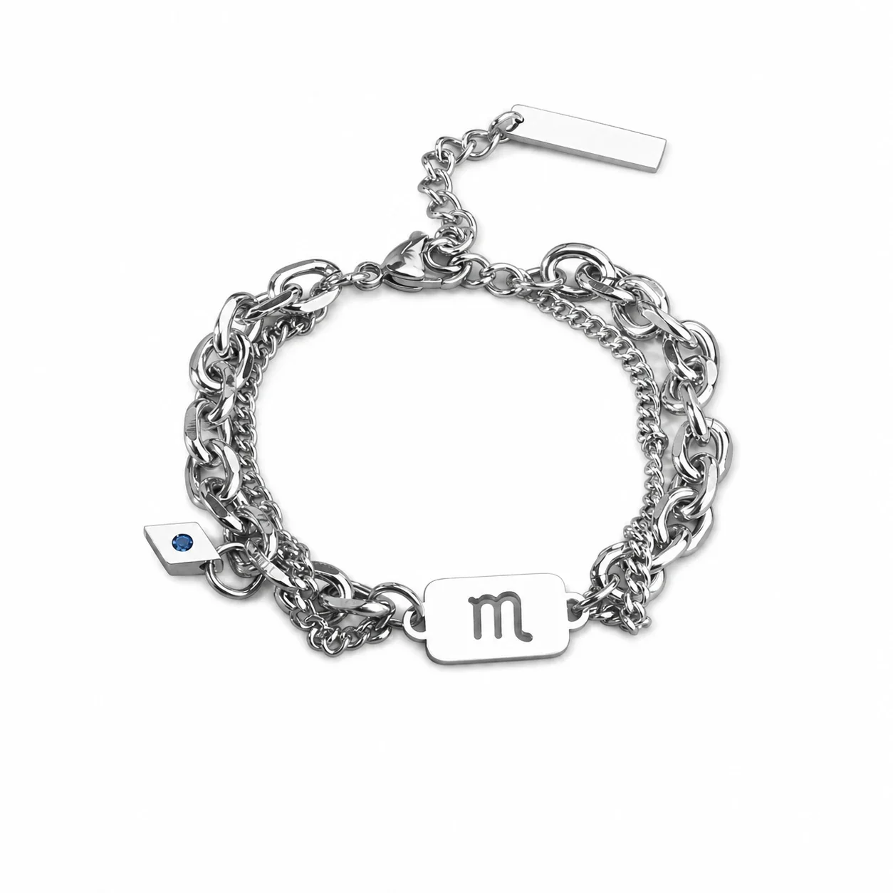 Edgy Stainless Steel Silver-Tone Layered Curb Zodiac Bracelet - Gemini