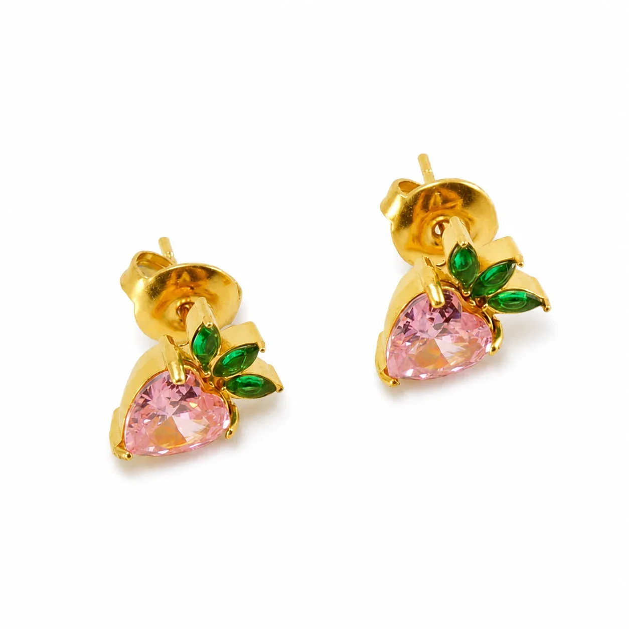 Playful Gold PVD Pink Heart CZ Leaf Stud Earrings