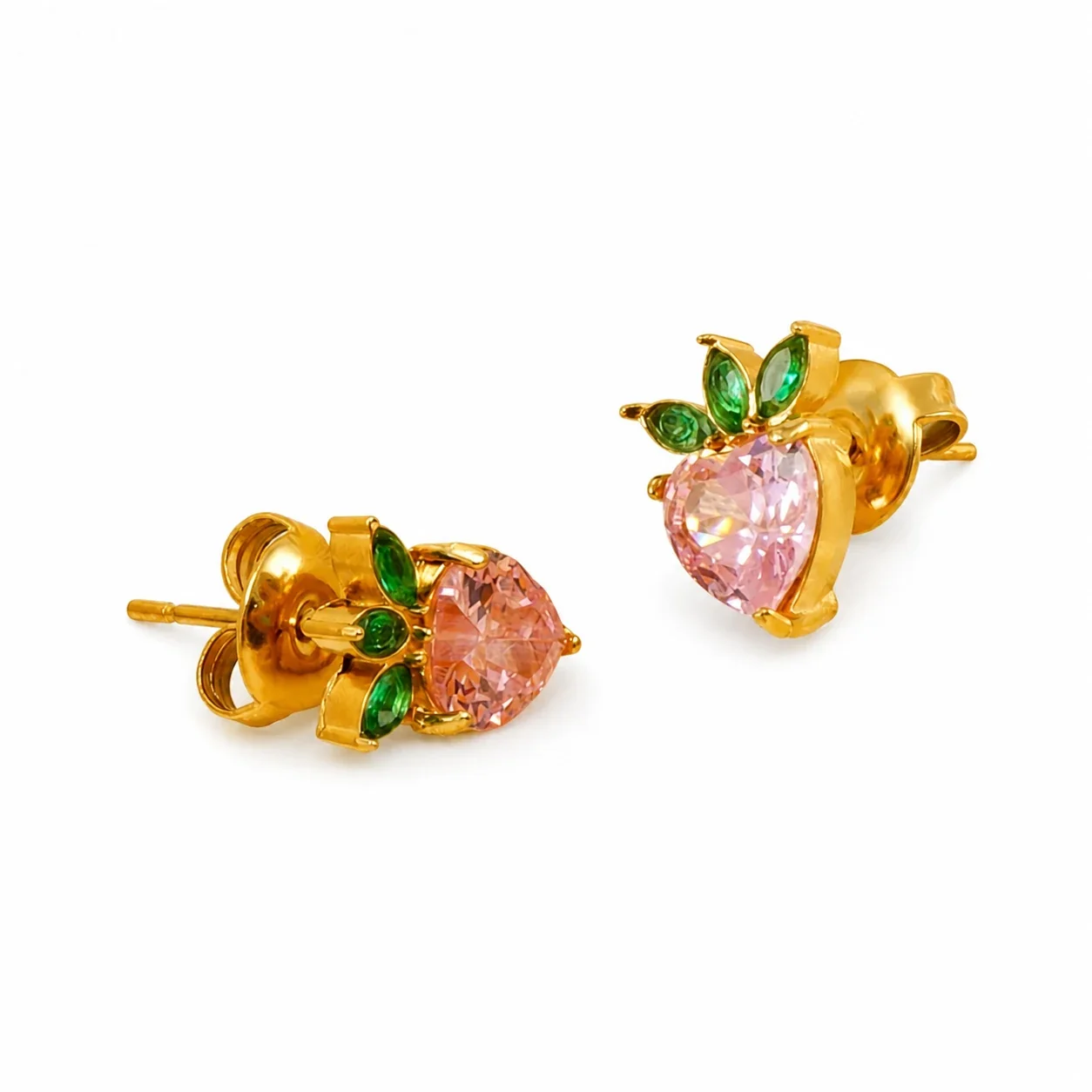 Playful Gold PVD Pink Heart CZ Leaf Stud Earrings