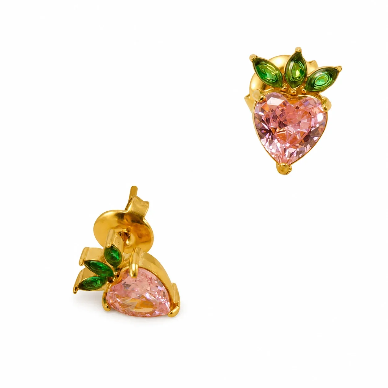 Playful Gold PVD Pink Heart CZ Leaf Stud Earrings