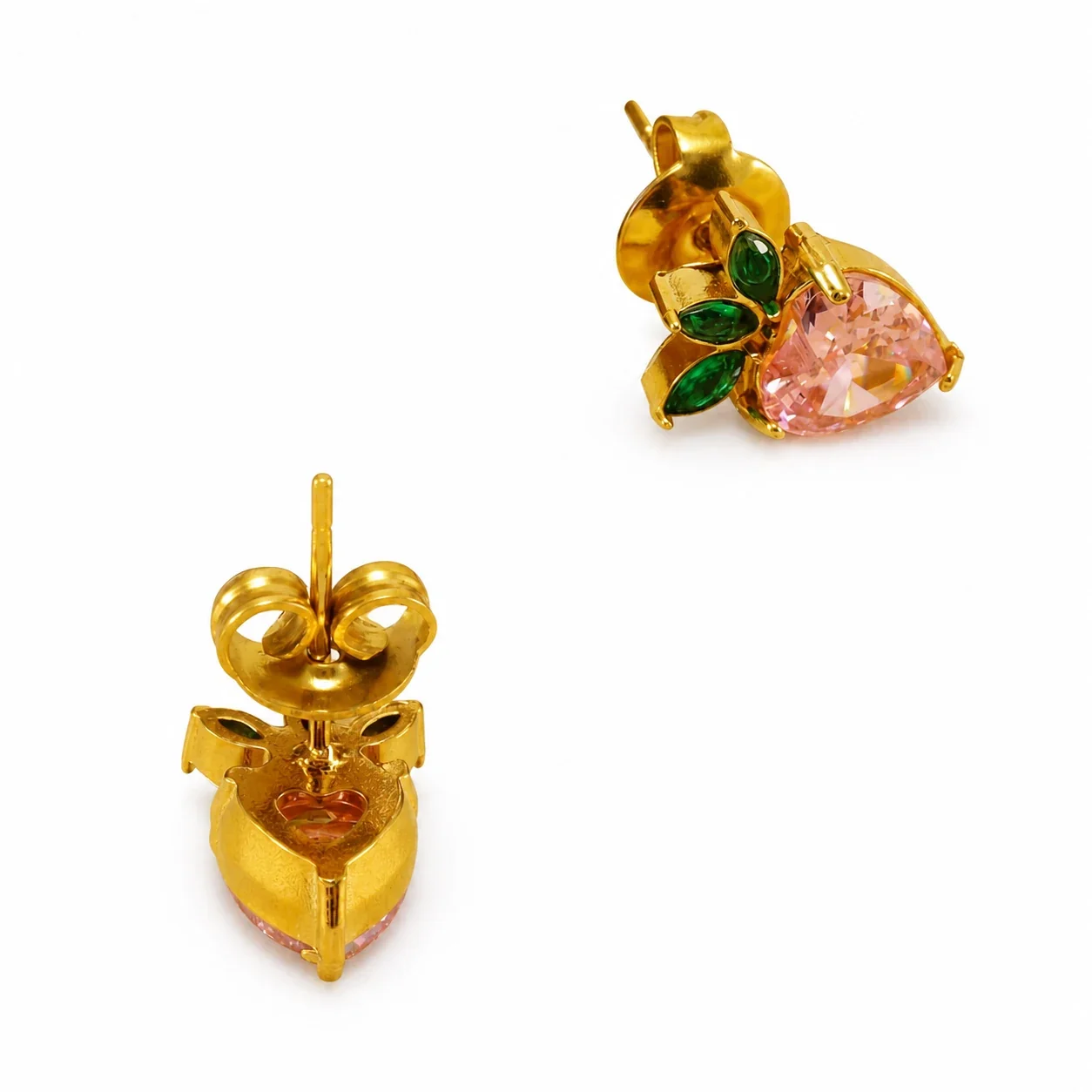 Playful Gold PVD Pink Heart CZ Leaf Stud Earrings