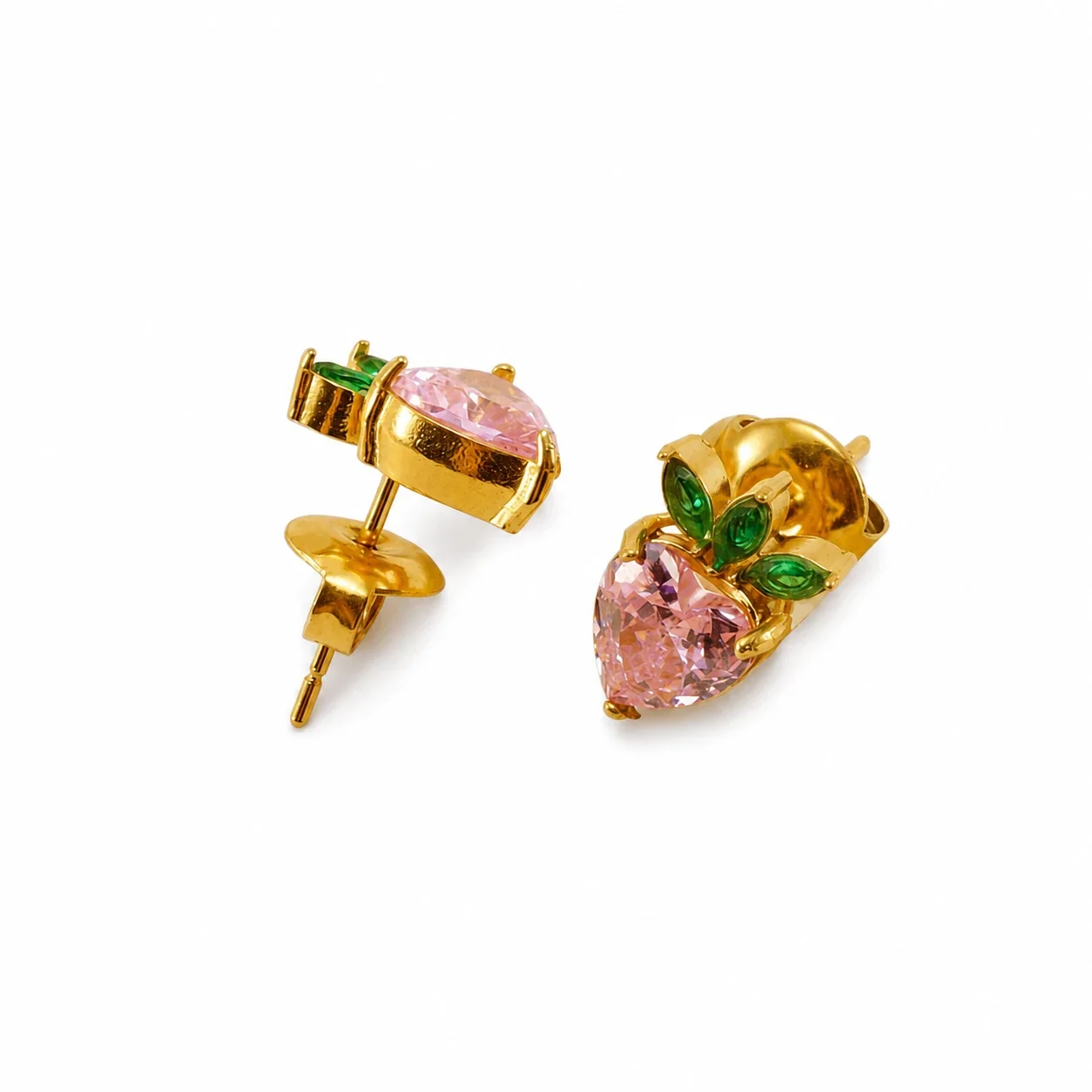 Playful Gold PVD Pink Heart CZ Leaf Stud Earrings
