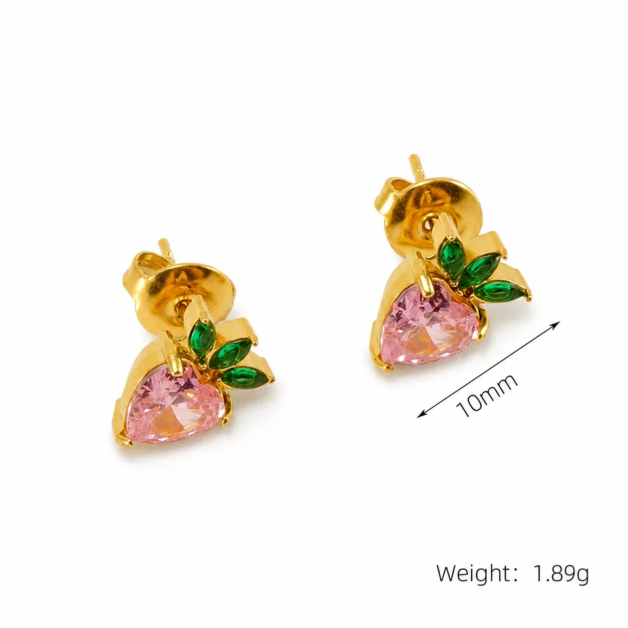 Playful Gold PVD Pink Heart CZ Leaf Stud Earrings - Gold