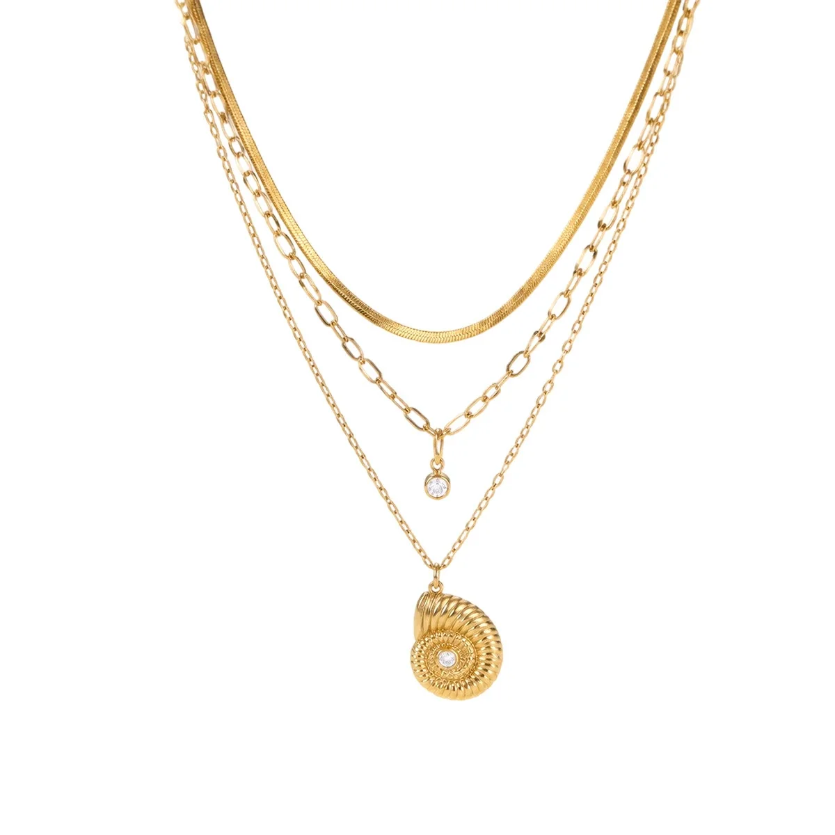 Drie-laags slangenketting met spiraalhanger, 18K goudverguld