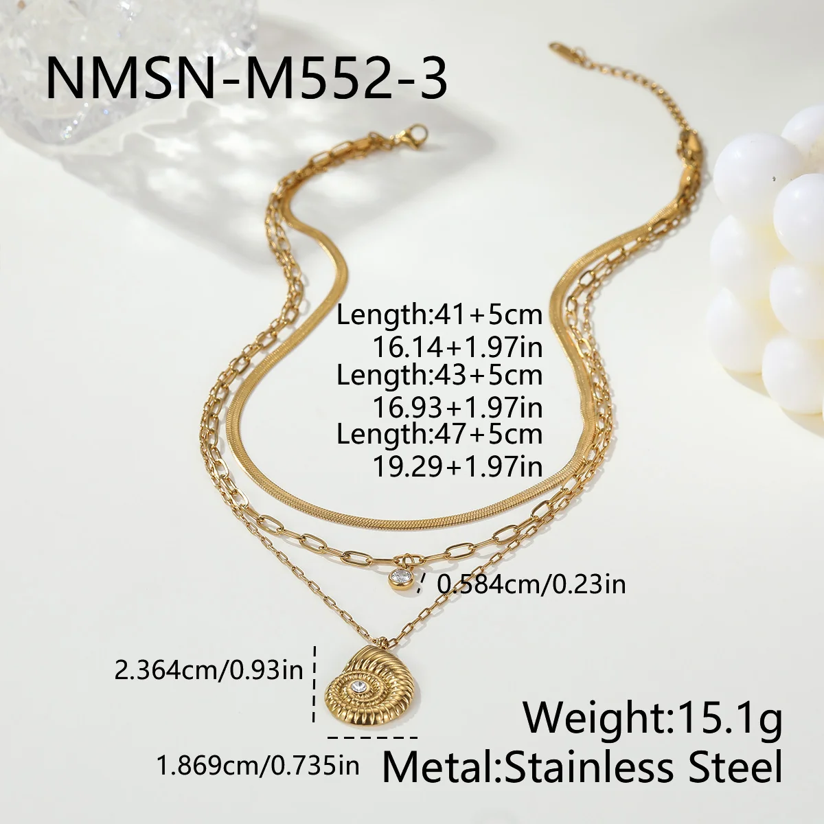Drie-laags slangenketting met spiraalhanger, 18K goudverguld productfoto