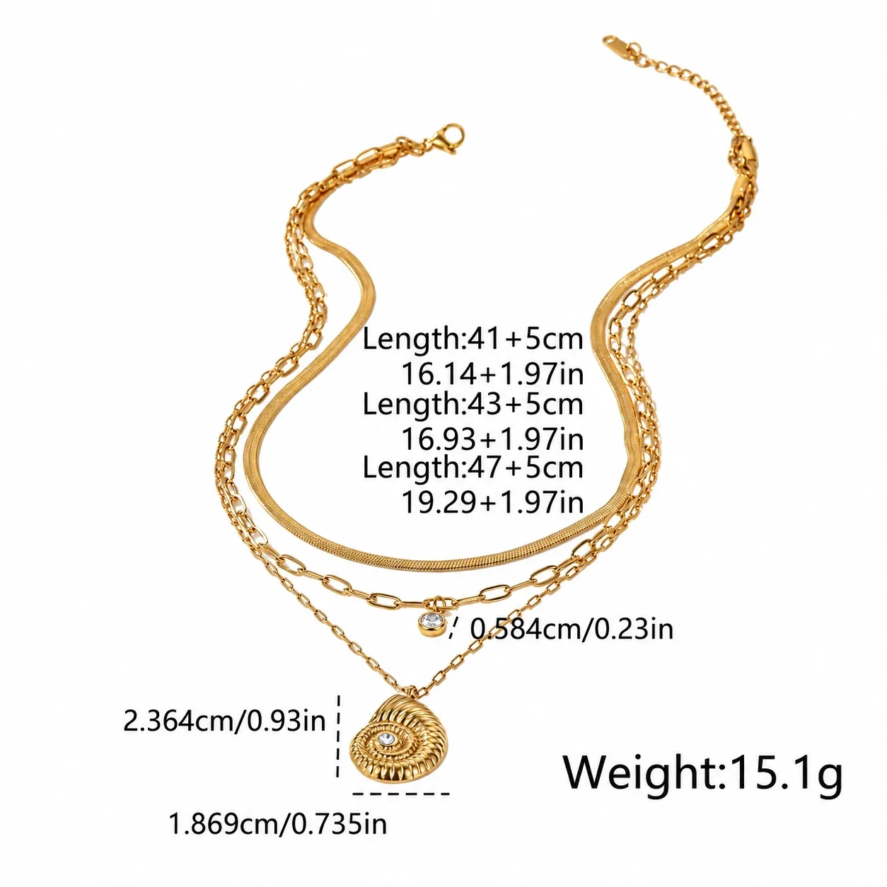 Drie-laags slangenketting met spiraalhanger, 18K goudverguld productfoto