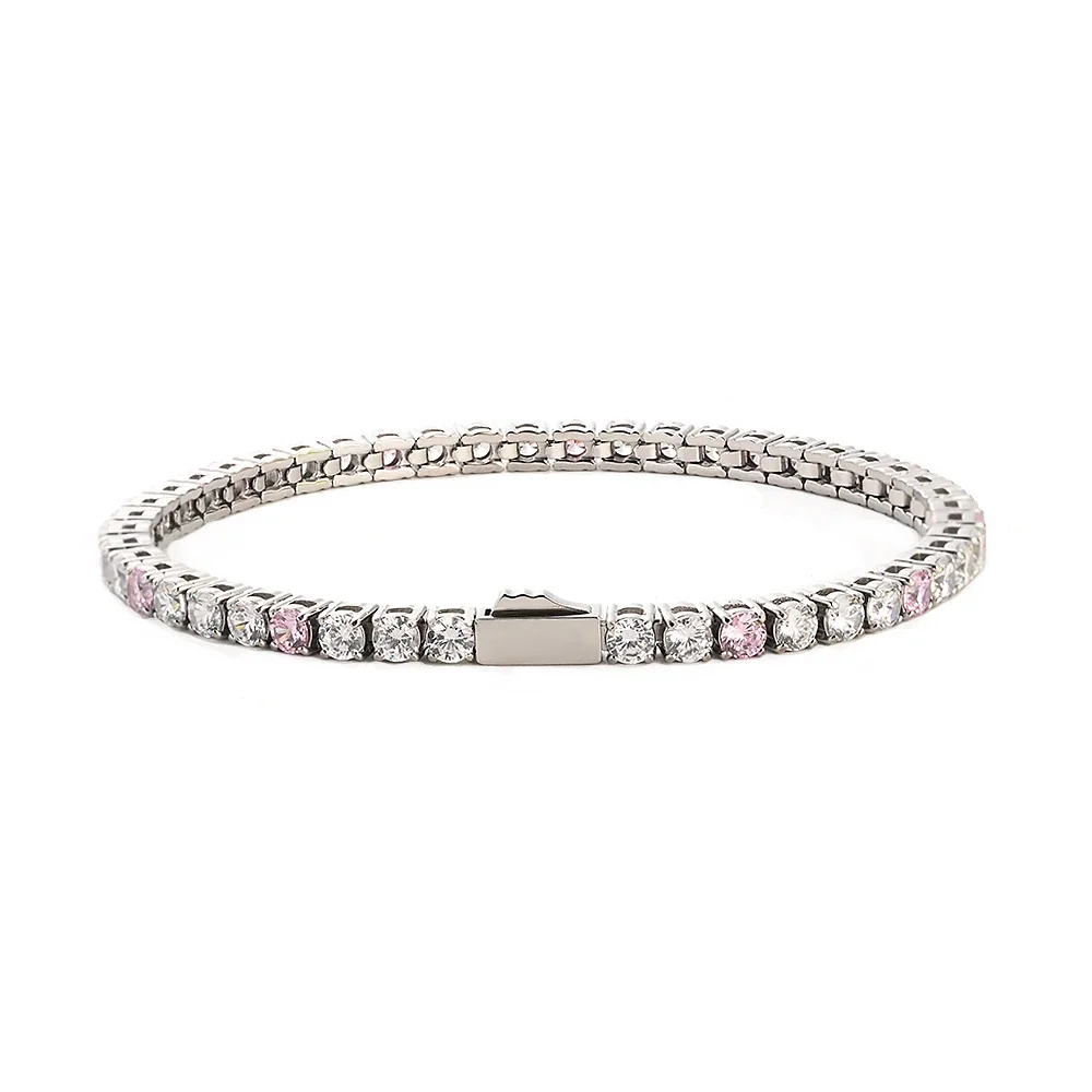 Polished 316 Stainless Round CZ Tennis Bracelet - Silver mm White CZ + Pink CZ