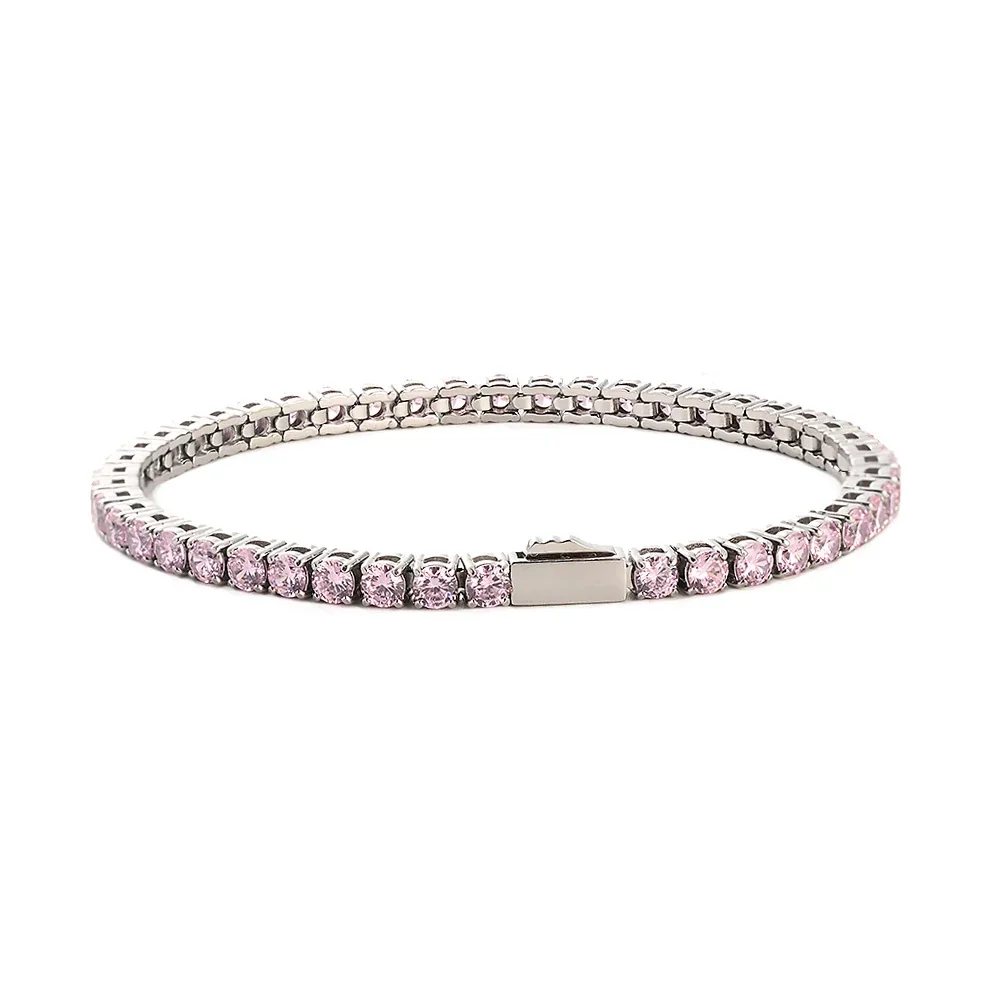 Polished 316 Stainless Round CZ Tennis Bracelet - Silver mm Pink CZ