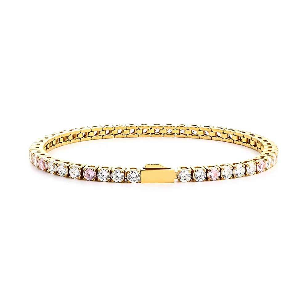 Polished 316 Stainless Round CZ Tennis Bracelet - Gold mm White CZ + Pink CZ