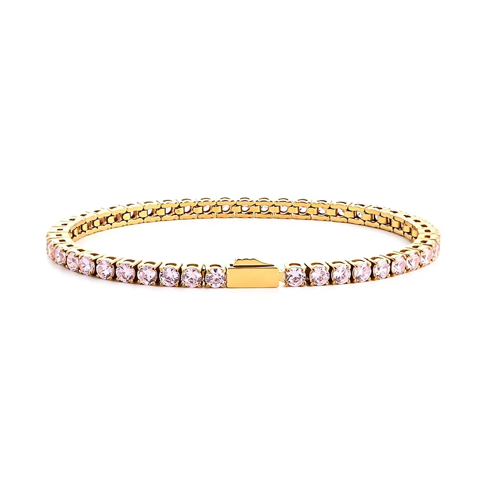 Polished 316 Stainless Round CZ Tennis Bracelet - Gold mm Pink CZ
