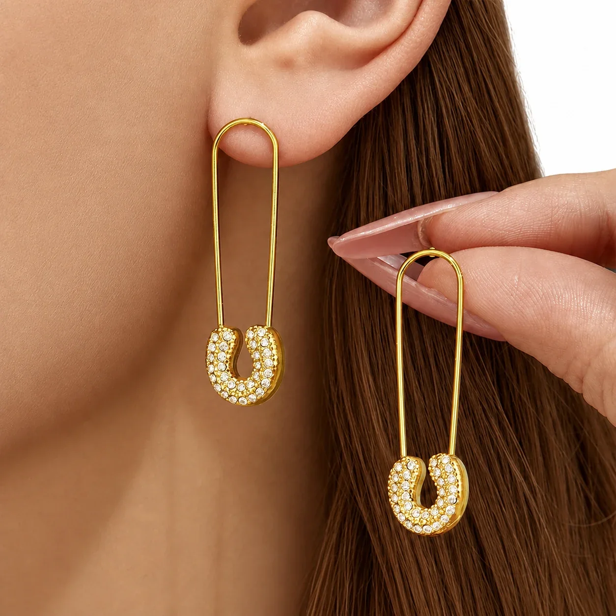 Safety Pin 18K Gold-Plated 316L CZ Drop Earrings