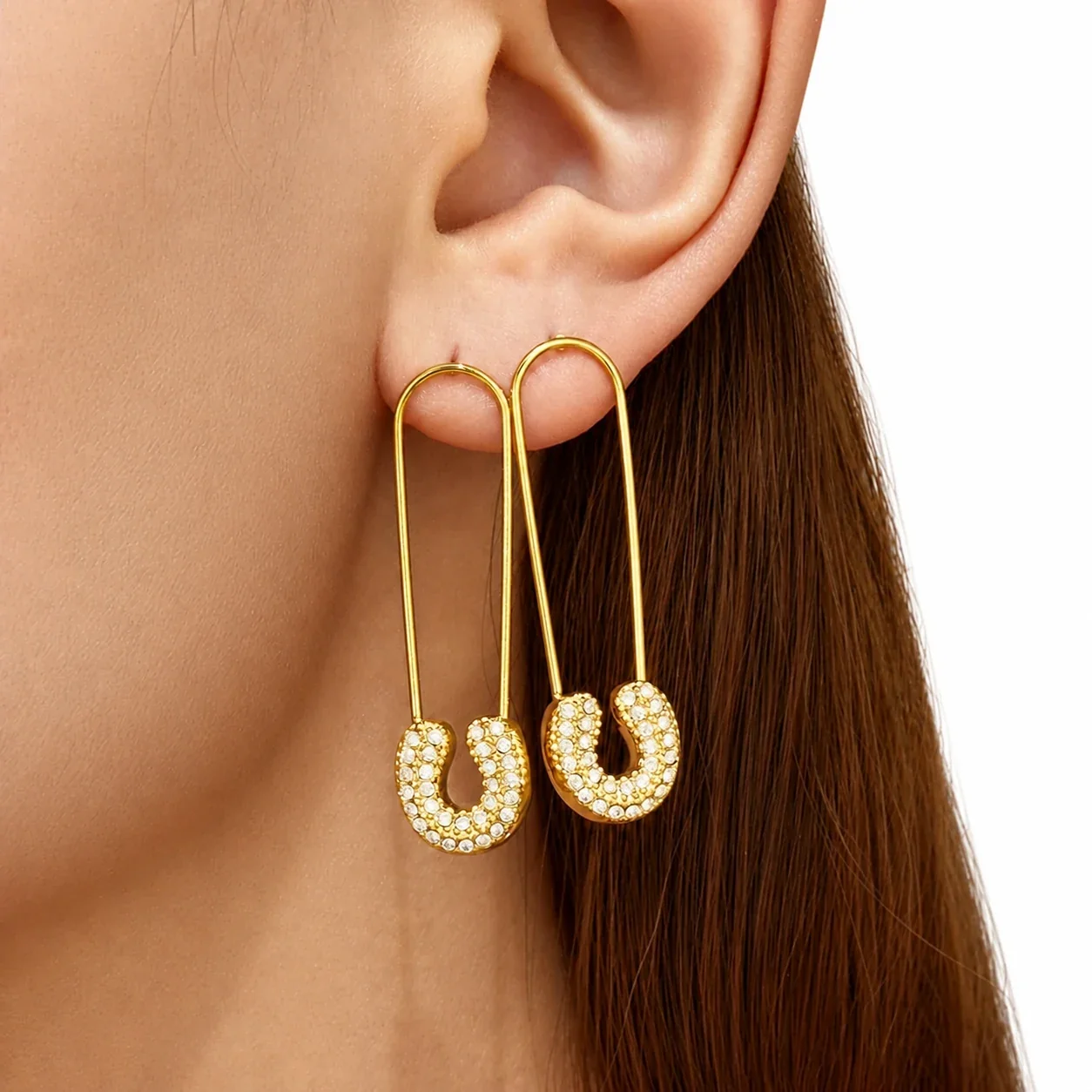 Safety Pin 18K Gold-Plated 316L CZ Drop Earrings