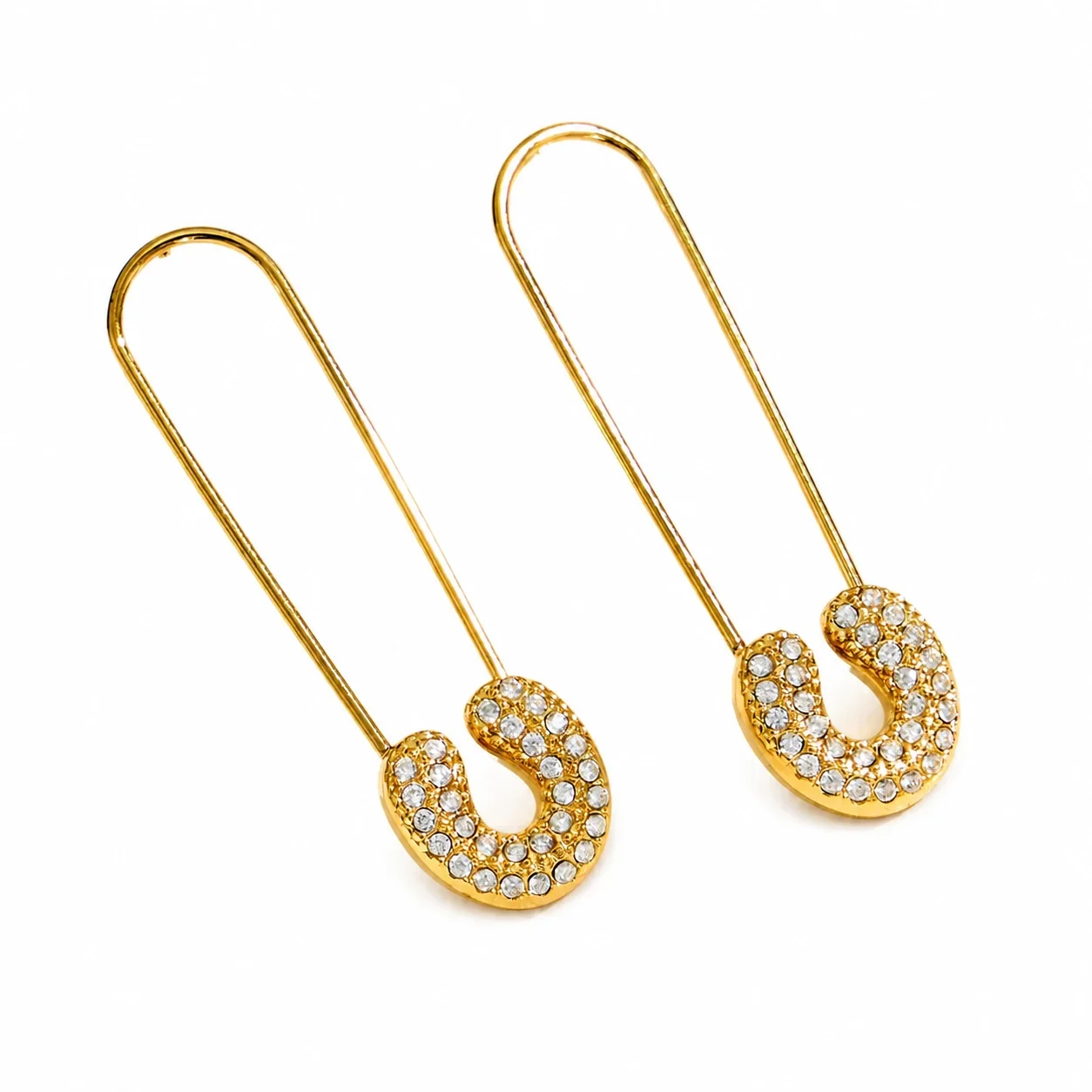 Safety Pin 18K Gold-Plated 316L CZ Drop Earrings