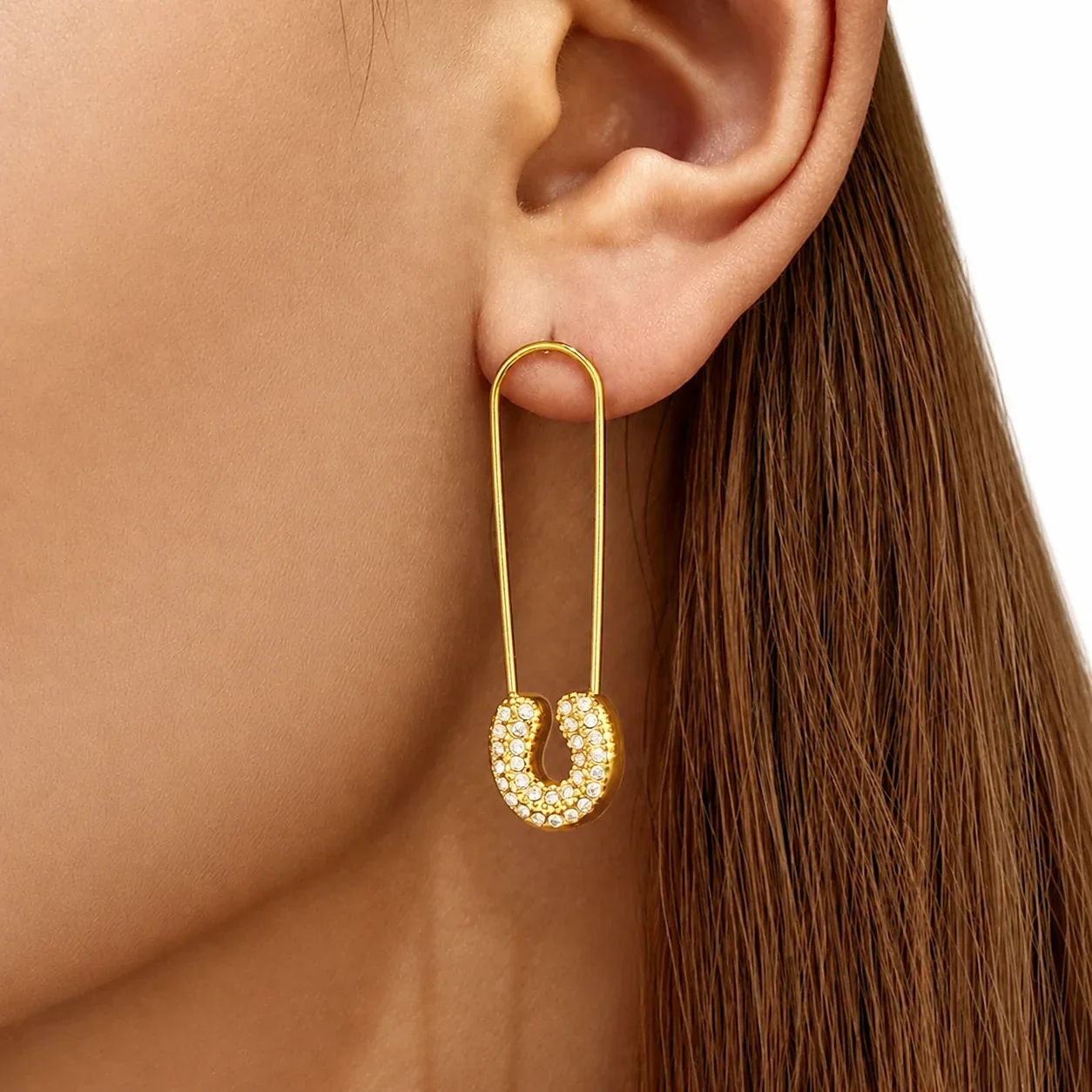 Safety Pin 18K Gold-Plated 316L CZ Drop Earrings