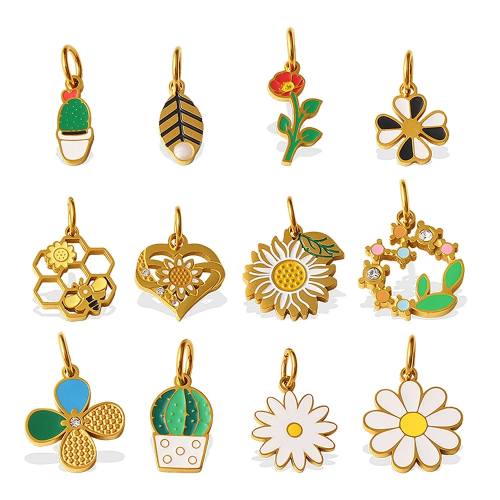 Pendant Charms with Botanical Motifs in Gold-Plated Steel