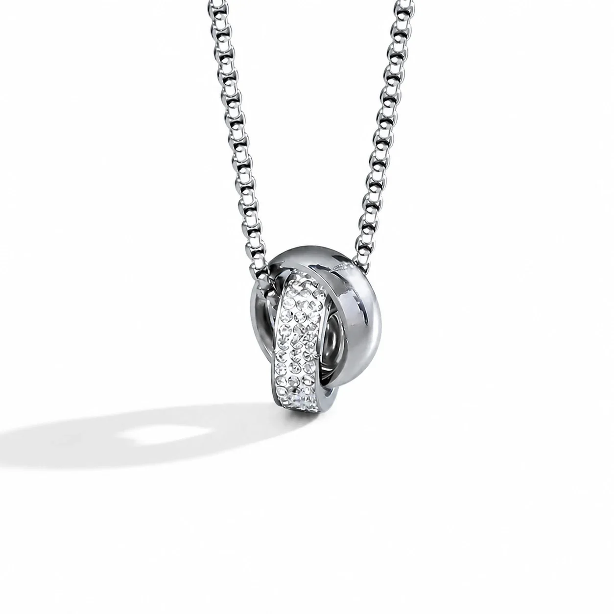 Sleek Silver-Plated Double Ring Box Chain Pendant Necklace