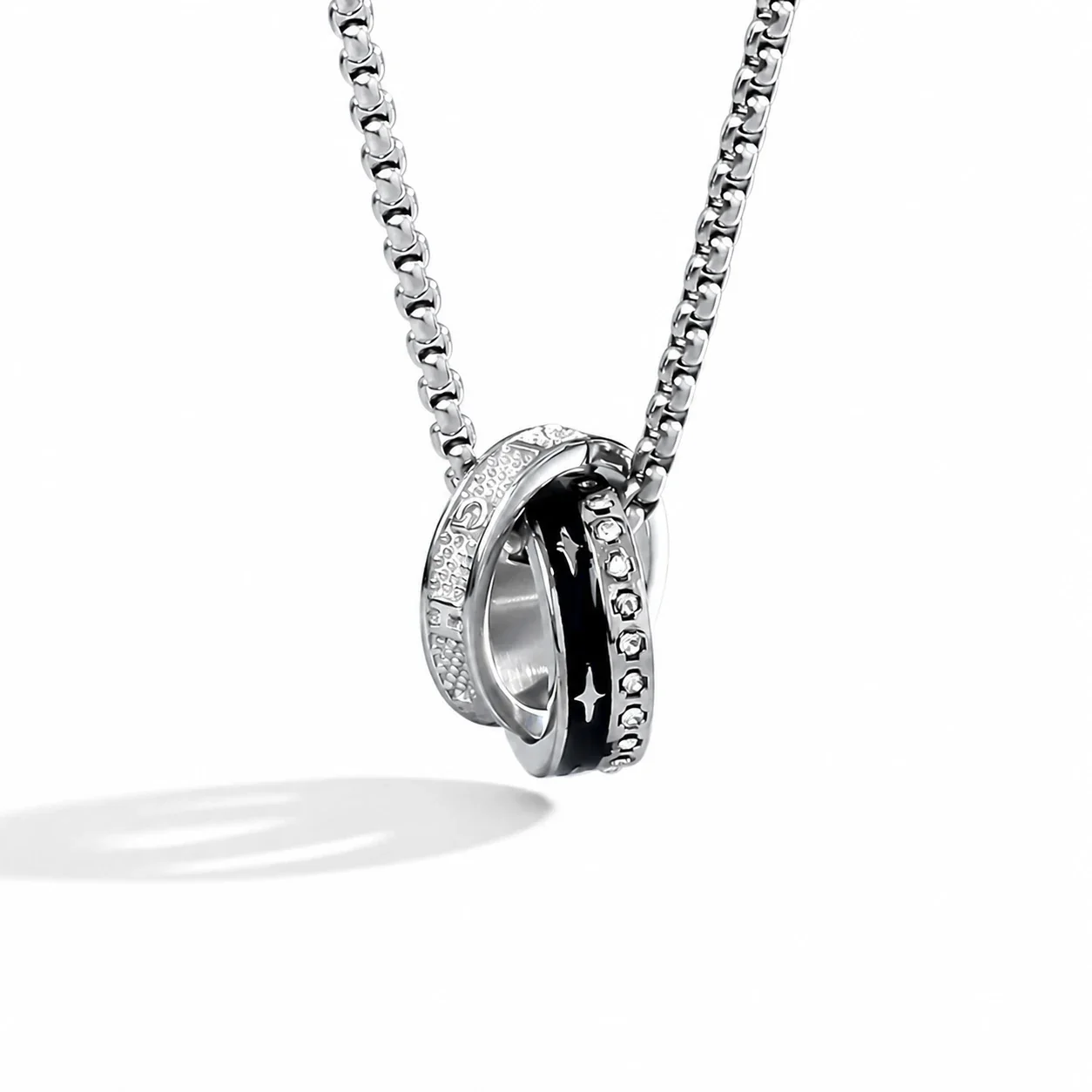 Sleek Silver-Plated Double Ring Box Chain Pendant Necklace