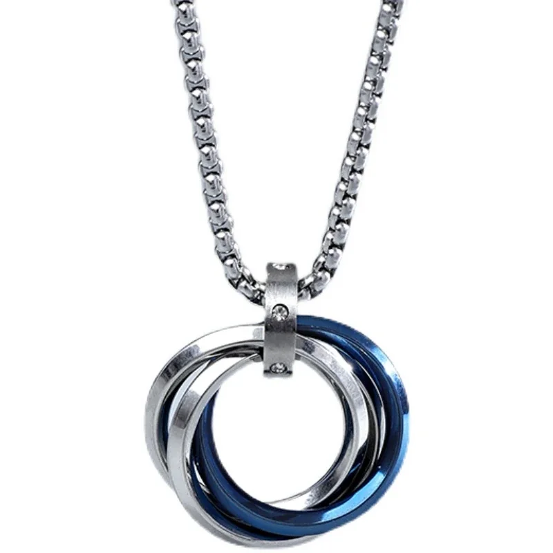 Sleek Silver-Plated Double Ring Box Chain Pendant Necklace