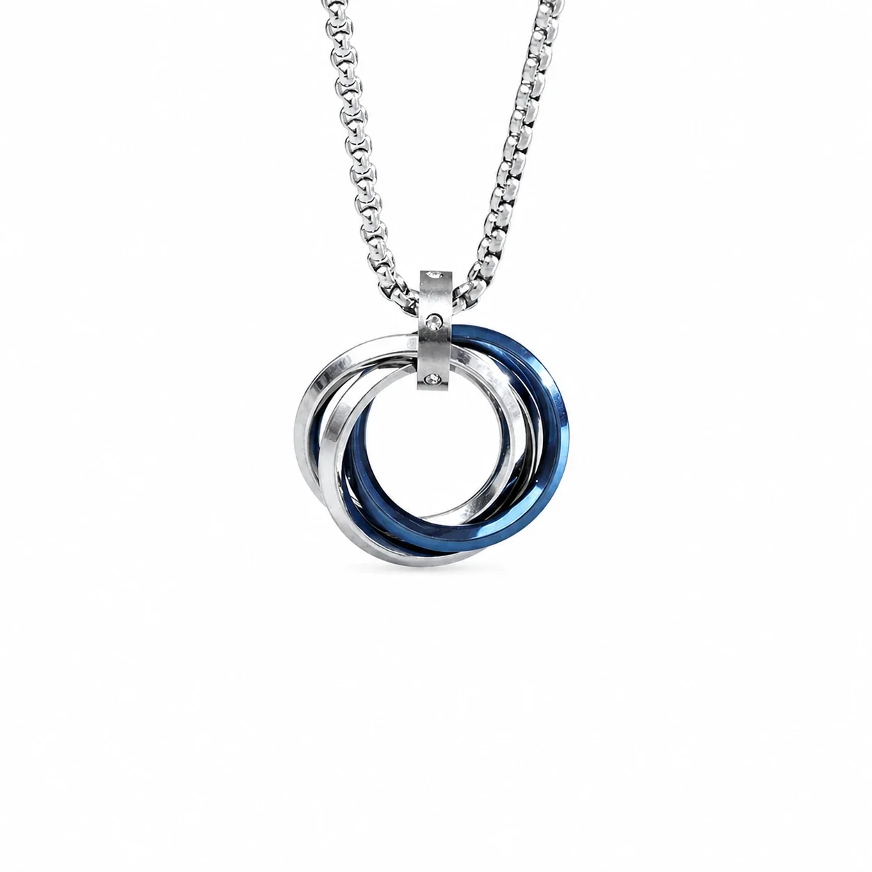 Sleek Silver-Plated Double Ring Box Chain Pendant Necklace - Blue Star