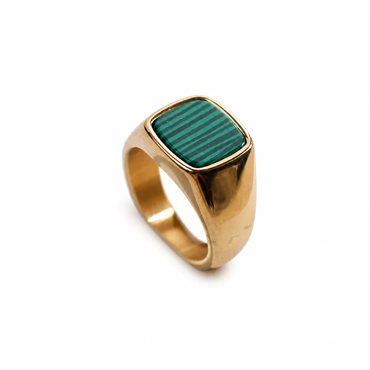 Bold 316 Stainless Steel Cushion-Stone Signet Ring - Gold Malachite