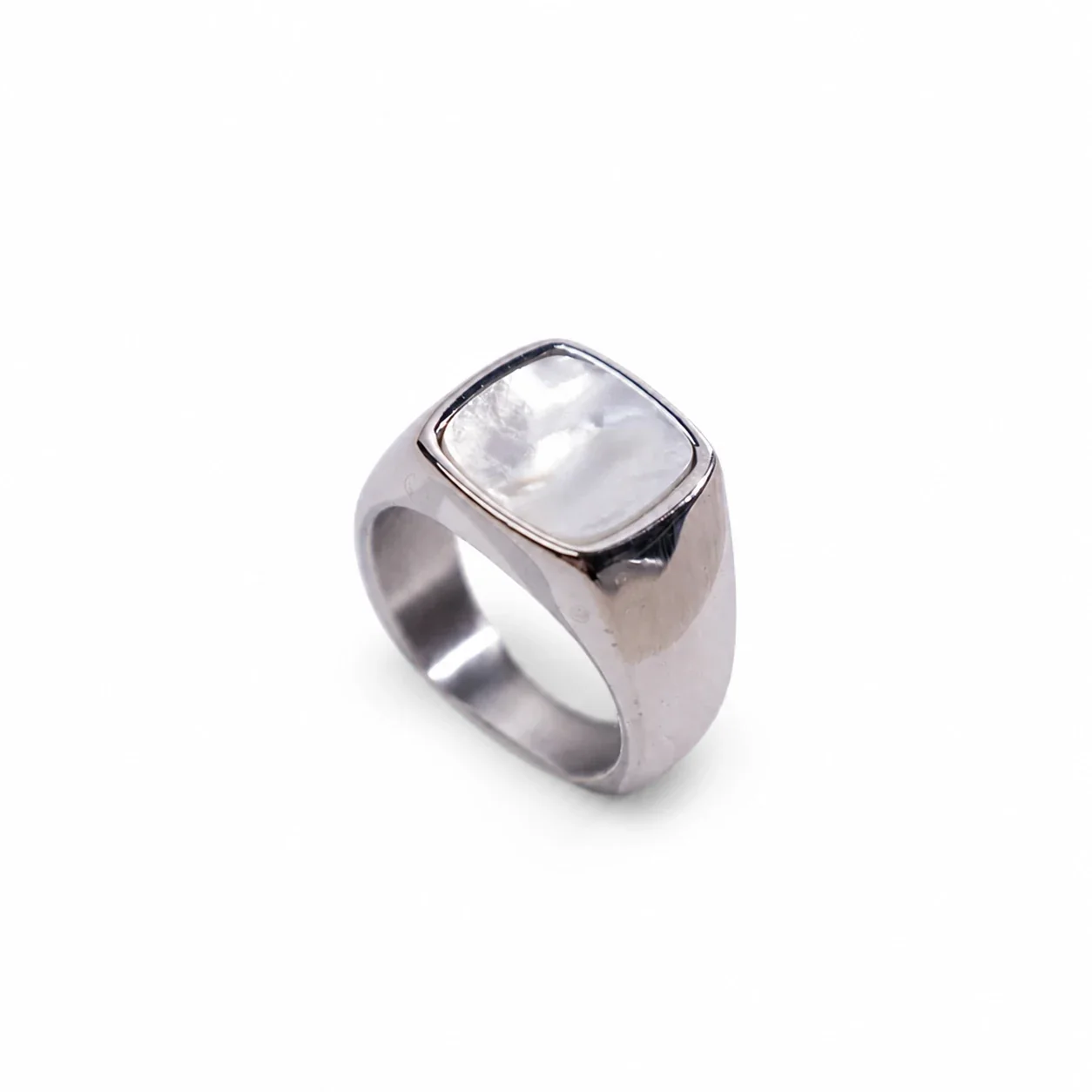 Bold 316 Stainless Steel Cushion-Stone Signet Ring - Silver White Shell