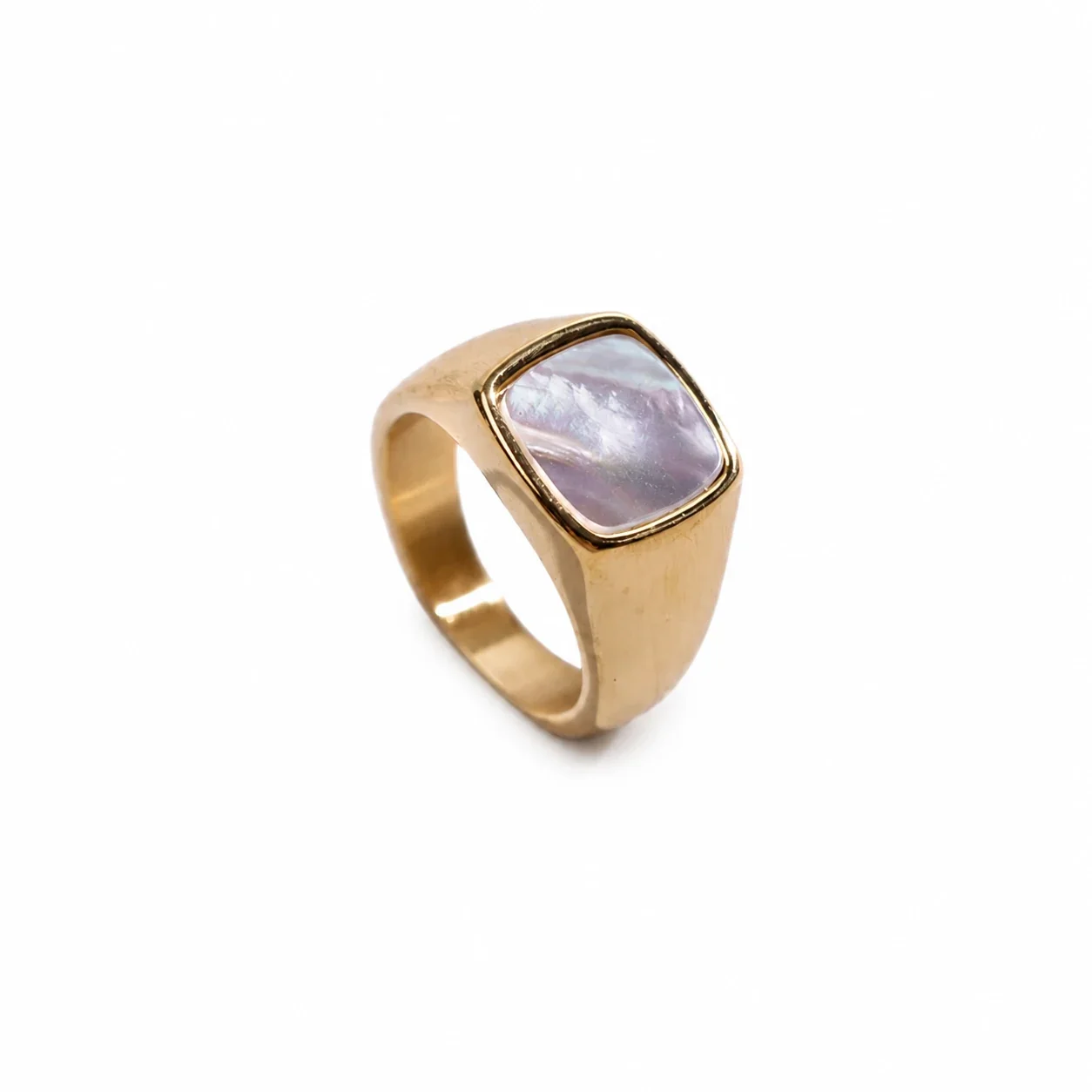Bold 316 Stainless Steel Cushion-Stone Signet Ring - Gold White Shell