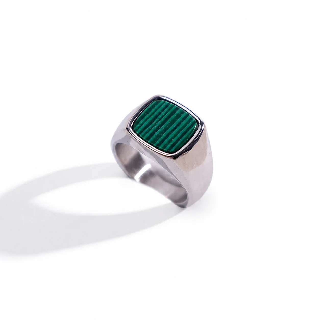 Bold 316 Stainless Steel Cushion-Stone Signet Ring - Silver Malachite