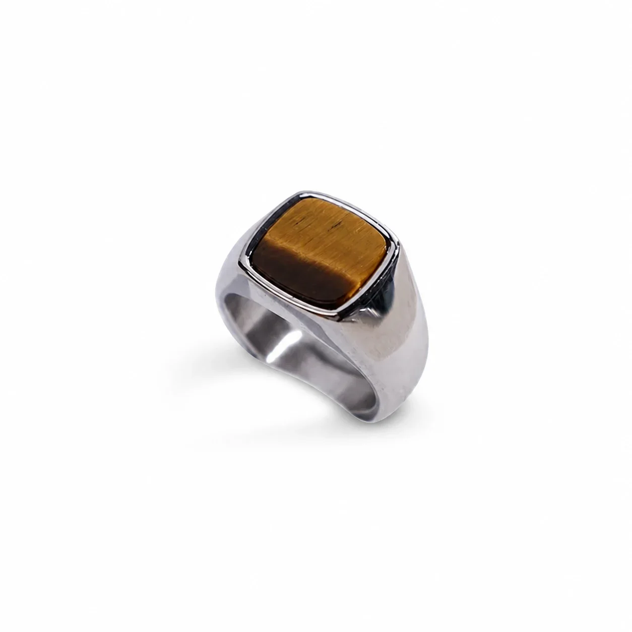 Bold 316 Stainless Steel Cushion-Stone Signet Ring - Silver Tiger Eye