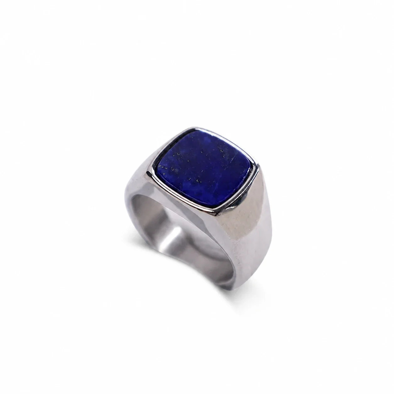 Bold 316 Stainless Steel Cushion-Stone Signet Ring - Silver Synthetic Lapis