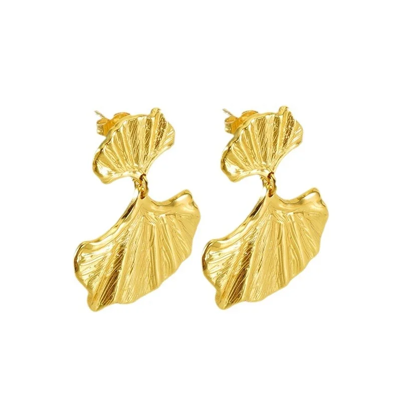 Sculptural Gold-Plated Ribbed Ginkgo Leaf Drop Earrings