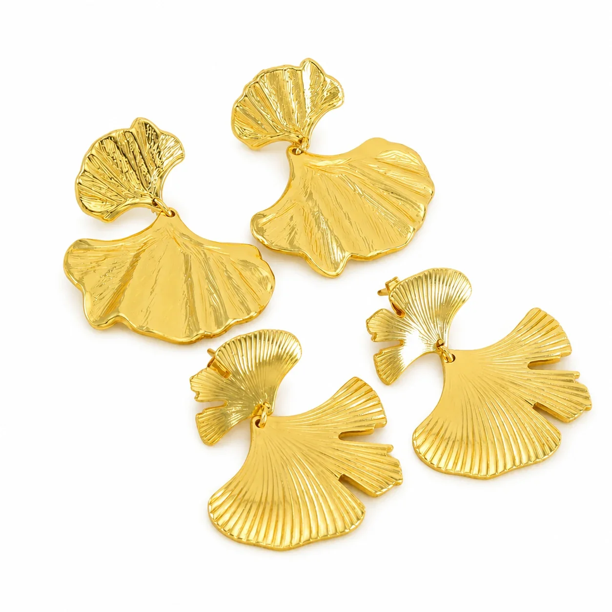 Sculptural Gold-Plated Ribbed Ginkgo Leaf Drop Earrings