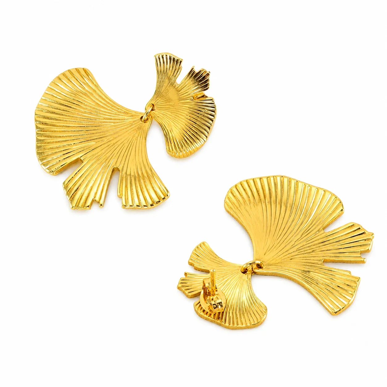 Sculptural Gold-Plated Ribbed Ginkgo Leaf Drop Earrings